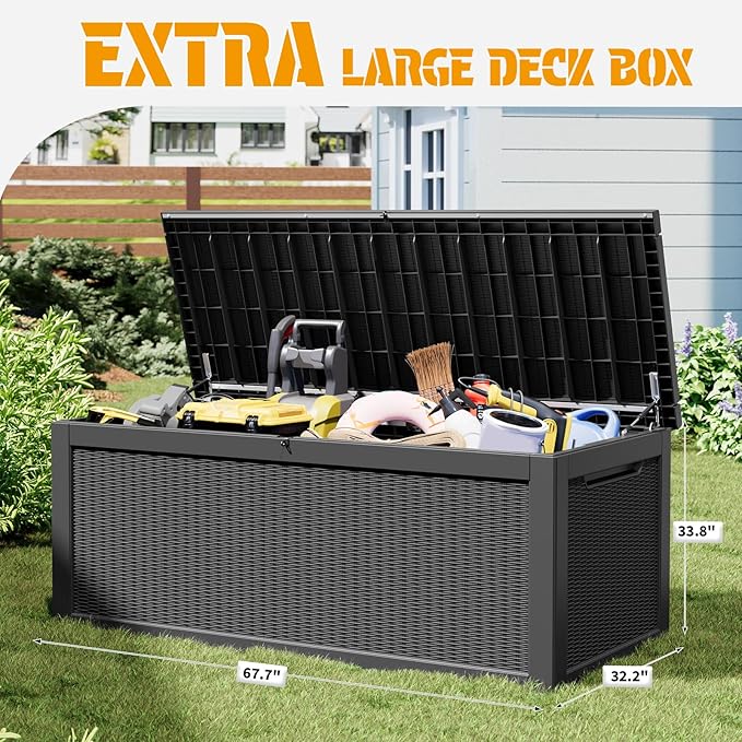 NUNU LAB 300 Gallon Outdoor Storage Box,Resin Large Sturdy Deck Box, Backyard Outside Storage Box Waterproof with Double Wall Panels,Package Delivery Garden Outdoor Hose Bin
