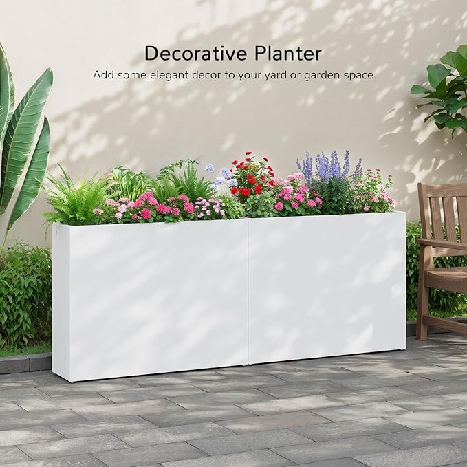 Stoog 38" Large Planters for Outdoor Plants Set of 2, Rectangular Metal Planter Box with Removable Insert Shelf, Ideal for Plants, Flowers, Vegetables, Garden, White