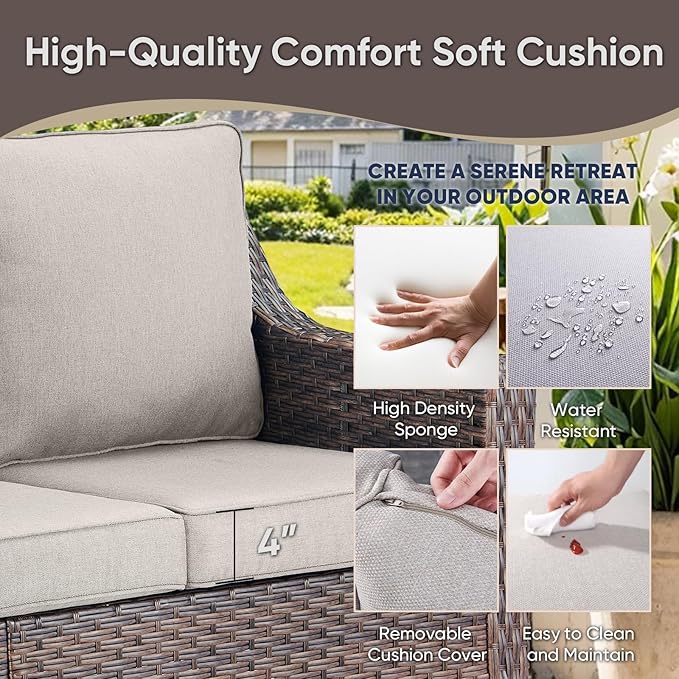 6 Pieces Outdoor Patio Furniture-High Back Rattan Wicker Couch with Outdoor Chairs Patio Conversation Sets for Porch Garden Backyard Poolside-Brown/Beige