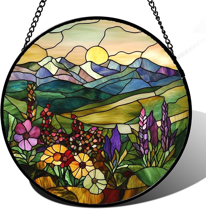 QZQCBLC Stained Glass Window Hanging Purple Wildflowers Pastoral Scenery Large 15" - Suncatcher Door Garden Sun Catcher Home Decor Birthday Christmas for Mom Men Woman Friend