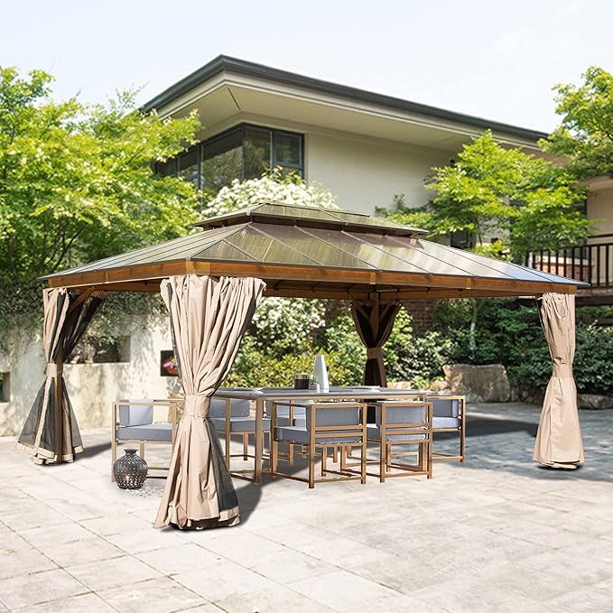 Domi 12' X 16' Hardtop Gazebo with Polycarbonate Double Roof, Aluminum Frame, Curtains & Netting, All-Weather Backyard Shade Structure for Patio, Garden, Deck, and Lawn, Wood-Look Finish