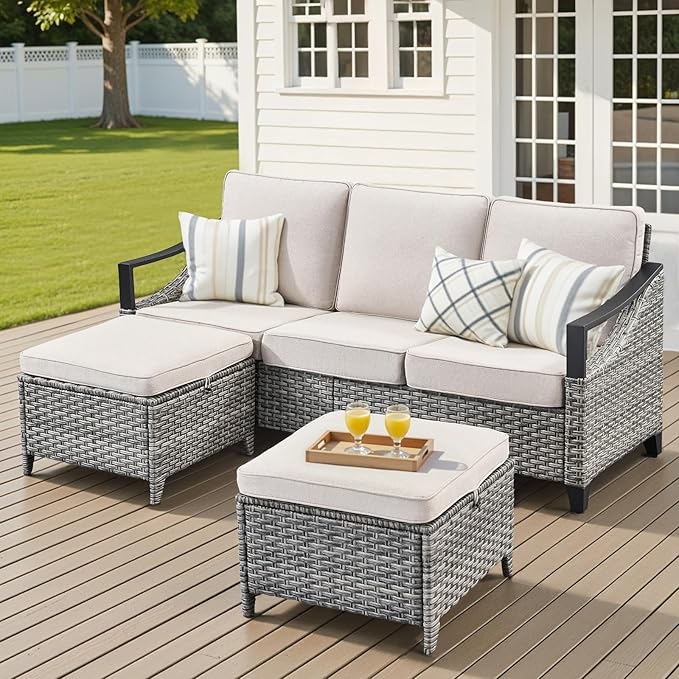 Outdoor Patio Furniture Sofa Set - 3 Pieces PE Wicker Patio Furniture Section Couch with Multifunctional Ottoman, All Weather Patio Conversation Set for Deck Balcony Garden Gray/Beige