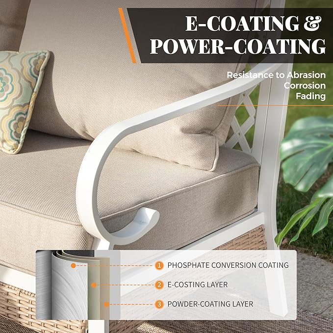 5 Piece Patio Furniture Set, 2 x Swivel Chair, 1 x 2-Seat Sofa, 1 x 3-Seat Sofa with Marbling Coffee Table, All Cushioned 7 Seats Outdoor Conversation Set for Lawn Garden Backyard, Beige