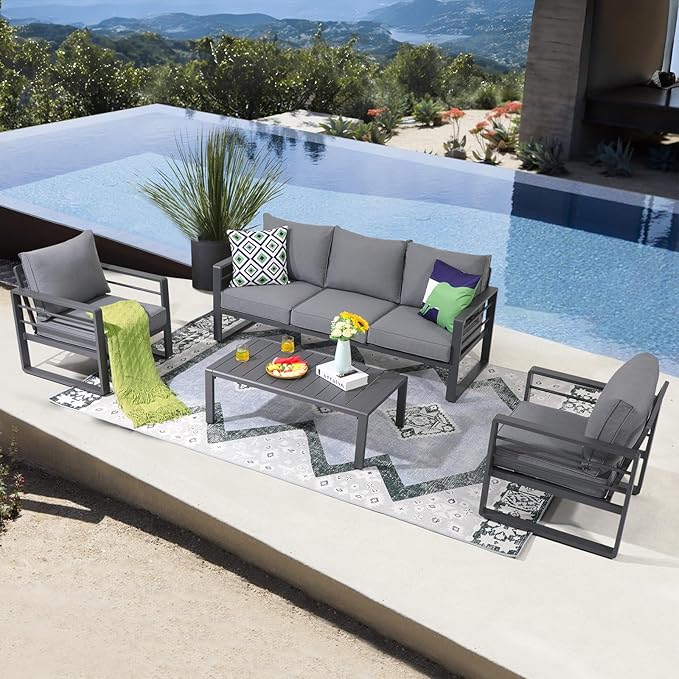Patiorama Aluminum Patio Furniture Set, 4 PCS Modern Patio Conversation Set, All Weather Dark Grey Outdoor Sectional Sofa Set w/Table, 3-Seater Sofa, Superior Olefin Cushion, Garden-Grey Cushion