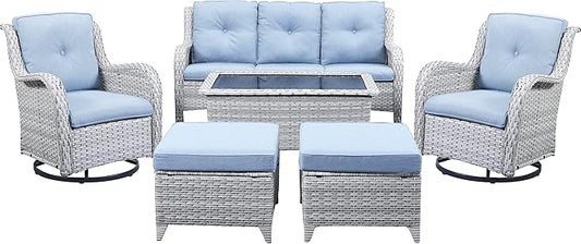Belord Wicker Outdoor Furniture Patio Furniture Set - 6 Piece Patio Conversation Set with Swivel Rocker Chairs, Rattan Sofa, Ottomans and Coffee Table, Baby Blue Cushion