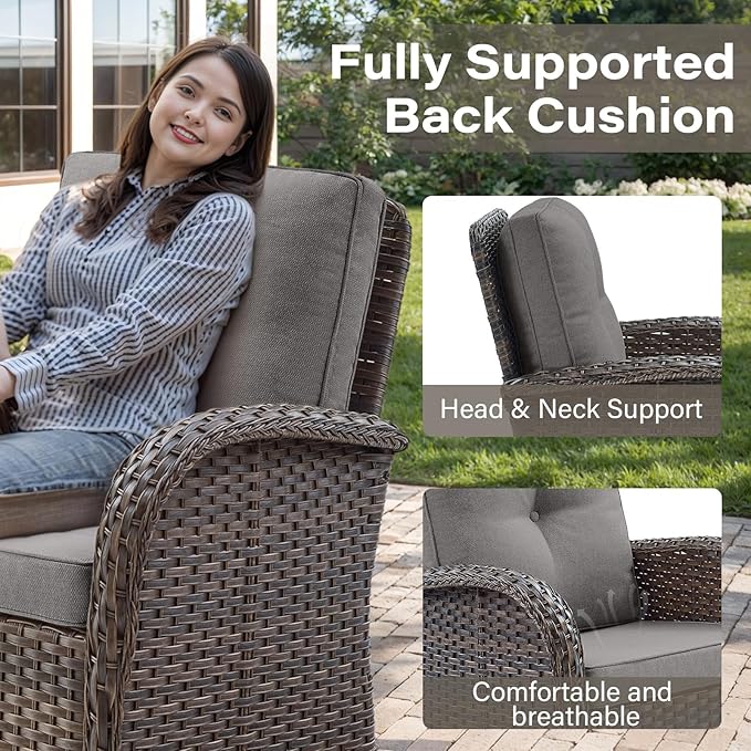Belord 8 Piece Patio Furniture Set with 43" Fire Pit Table - Wicker Patio Conversation Set with Swivel Rocker Chairs and Sofa for Deck Outside Backyard Brown