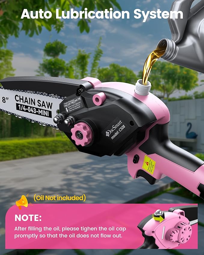 Mini Chainsaw Electric Cordless: 8 Inch & 6 Inch Brushless Chain Saw with 2 Pack Rechargeable Batteries, Battery Powered Handheld Saw for Trees Trimming Wood Cutting, Pink
