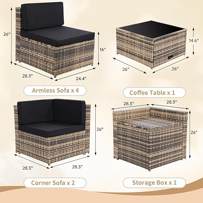 8 Pieces Outdoor Wicker Rattan Patio Furniture Sectional Set, Glass Top Table with Hidden Storage, 7 Sofa Sections, Oversized Cushions, Natural Color Rattan with Black Cushion
