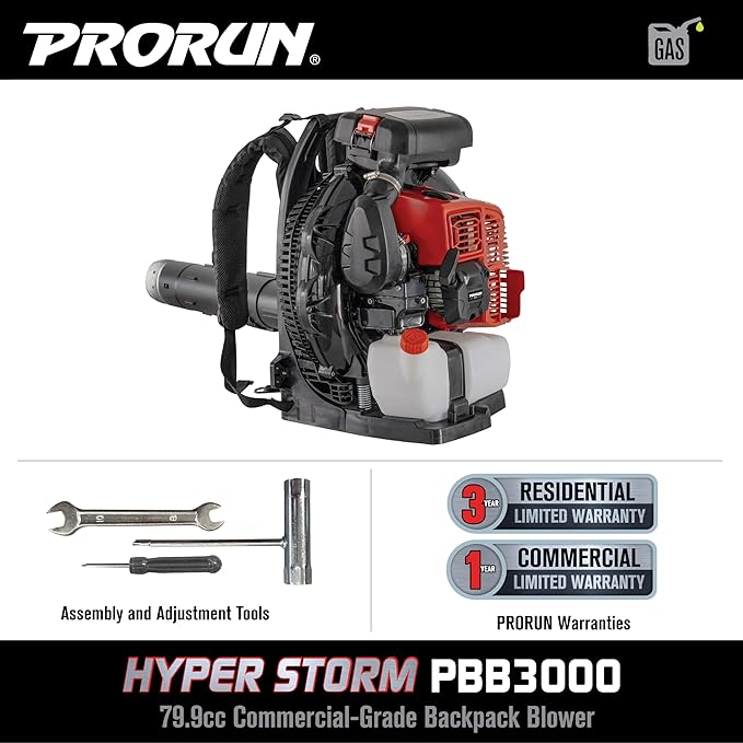 PRORUN PBB3000 Gas Backpack Leaf Blower, 79.9cc Commercial-Grade, 250 MPH, 1125 CFM, 50N