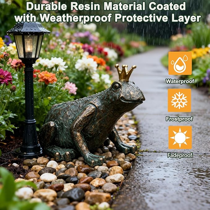 Lune cle Frog Garden Statue,11.5" L×8" H Animal Figurines Garden Decor, Weather-Resistant Outdoor & Indoor Sculptures & Statues for Home,Patio,Yard and Entryway-Crouching Frog Prince