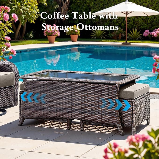 Belord Luxury 6" Thick Cushioned 11 Pieces Patio Furniture Set with Outdoor Couch, Wicker Outdoor Conversation Set with High Back Swivel Rocker Chairs for Deck Porch Yard and Poolside - Brown+Grey