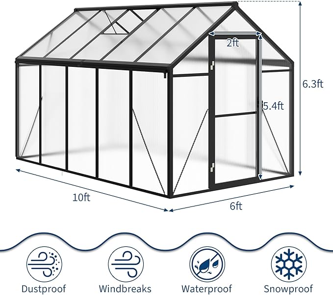 6X10 FT Greenhouse for Outdoors, Polycarbonate Greenhouse with Roof Vent, Ground Nails, Lockable Push Door, Aluminum Large Walk-in Green House for Outside Garden Backyard, Patio, Lawn, Black