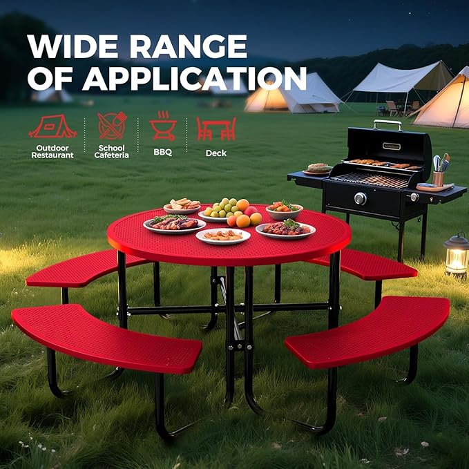 KUFUH 46" Coated Round Metal Picnic Table for 4-8 Person, Durable Heavy Duty Commercial Picnic Table with Umbrella Hole for Outdoor Coffee Shop, School, Easy to Install, Red