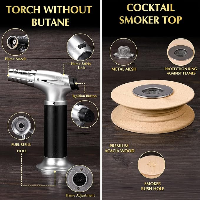 CWLAKON Cocktail Smoker Kit with Torch, 6 Flavors Wood Chips, 2 Glasses, Bourbon Whiskey Smoker Infuser Kit, Old Fashioned Drink Smoker Kit, Christmas Birthday Gifts for Men, Dad, Husband(No Butane)