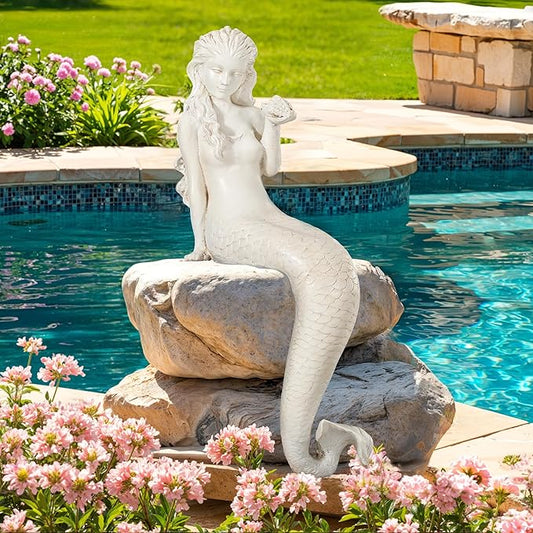Ultym Mermaid Statue Outdoor, Large 25.6 Inch Garden Sculpture Figurines for Lawn and Patio Decor, Durable MGO Stone Yard Art with Weatherproof Finish for Indoor Decor Christmas Gift Antique White