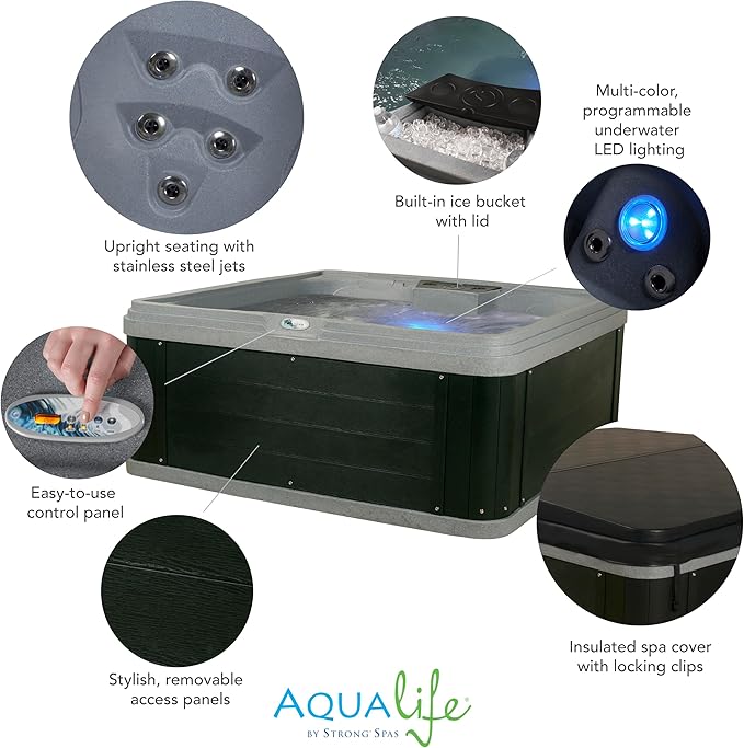 AquaLife Ariana™ 7-Person 30-Jet Non-Lounger Hot Tub with LED Lighting, Insulated Cover, Built-in Ice Bucket, Stainless Steel Heater and Ozonator