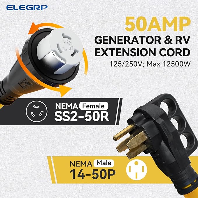 ELEGRP 50 Amp Generator RV Extension Cord 15 FT, 4 Prong NEMA 14-50P to NEMA SS2-50R Twist Lock, Heavy Duty 6/3+8/1 Gauge STW Locking Power Cord for RV Camper/Generator/House, UL Standard Compliant