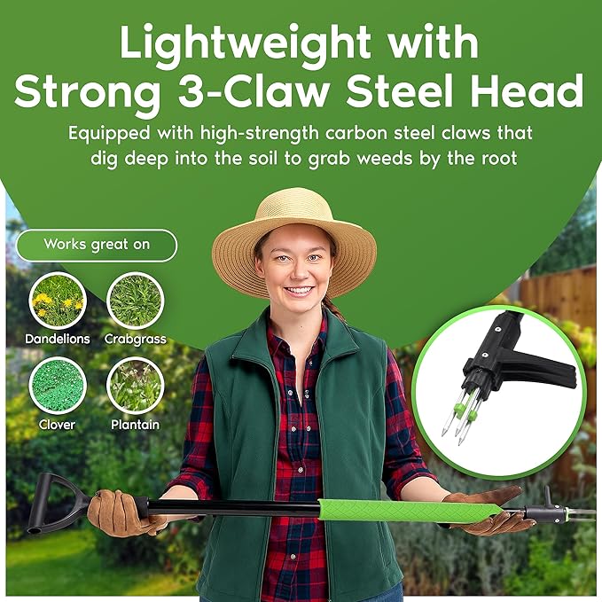 Garden Guru Stand Up Weeder Weed Puller Tool – Long Handle up to 45-Inch – Heavy Duty 3 Claw Weeder with Foot Pedal – No Bending or Kneeling – Great for Dandelions, Thistle, Grass