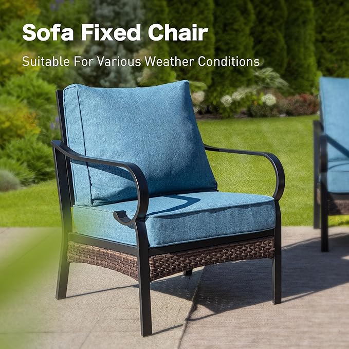 4 Piece Black Metal Outdoor Patio Furniture Sets with Firepit Table, Patio Conversation Sets 1 3-Seater Sofa, 2 Chairs with 5.75" Thick Cushion Backyard Furniture for Deck, Denim Blue