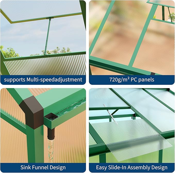 8x12 ft Greenhouse for Outdoors, Polycarbonate Greenhouse with Roof Vent, Ground Nails, Lockable Push Door, Aluminum Large Walk-in Green House for Outside Garden Backyard, Patio, Lawn, Green