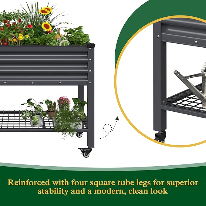 48" W x 24" D x 34" H Galvanized Raised Garden Bed with Lockable Wheels, Raised Garden Beds Outdoor with Drainage Gaps & Shelf, Planter Boxes Outdoor for Backyard, Patio, Balcony, Grey