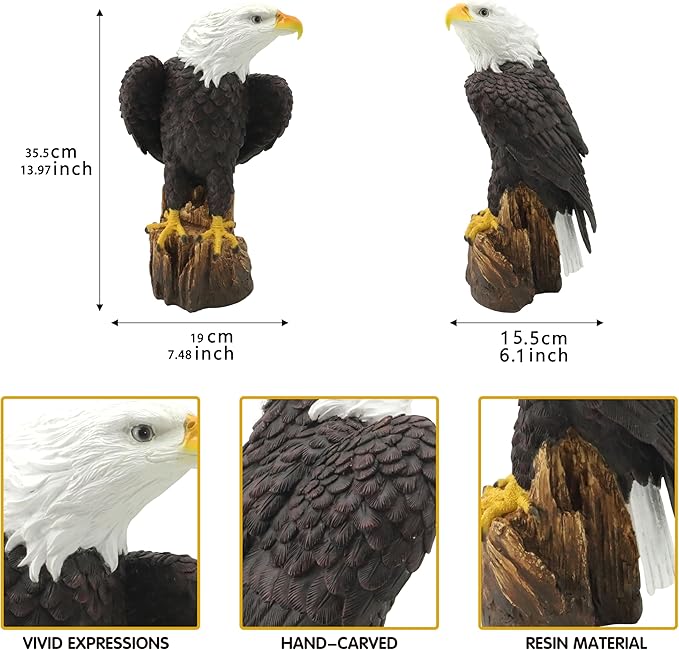 VV-Ladybug Garden Sculpture Hand-Painted Bald EagleResin Statue 14.2 Inch Tall with Stump Base Realistic Feather Texture & Vivid Postures for Home Office Yard Ornament