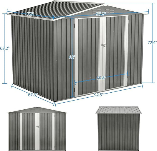 8 x 6 FT Outdoor Storage Shed with Floor Frame,Utility Metal Tool Storage with Lockable Doors,Air Vents & Waterproof Roof, Large Garden Shed for Backyard, Patio Lawn,Gray