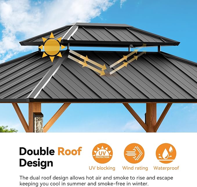 Modern Shade The Horizon Hardtop Gazebo 10' x 12' with 4 LED Lights, Permanent Outdoor Gazebo with Galvanized Steel Double Roof, Grill Pavilion with Decor Hooks, Mosquito Nettings, Wood Grain