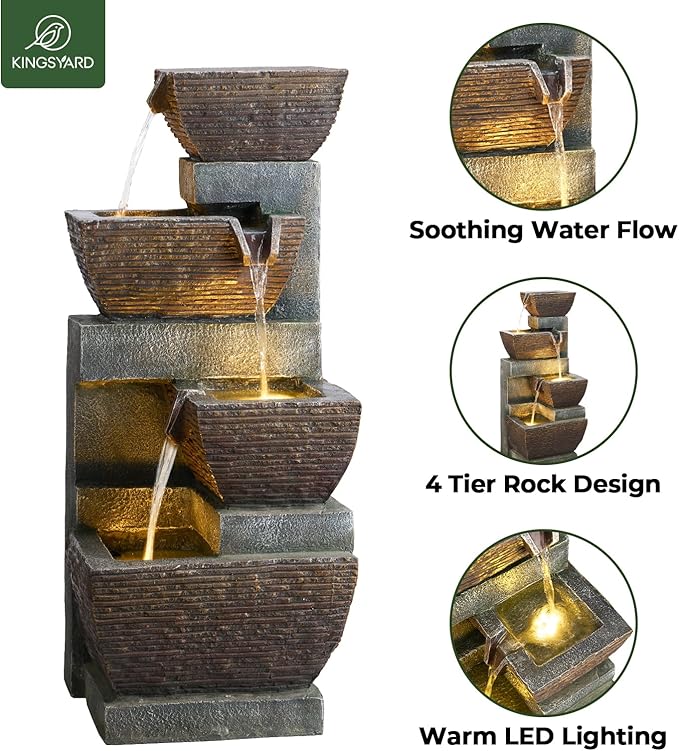Kingsyard 4-Tier Cascading Outdoor Water Fountain with Lights, 28" Resin Rock Garden Decor with 12 Warm LEDs & ETL Certified Pump, Freestanding Water Feature for Patio, Porch, Deck & Backyard
