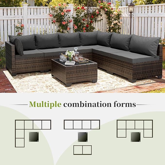 7 Pieces Patio Furniture Set - Outdoor Sectional Wicker Rattan Furniture with Cushion and Glass Table Patio Conversation Sets for Porch Poolside Backyard Outdoor Sofa Set Modular Sofa