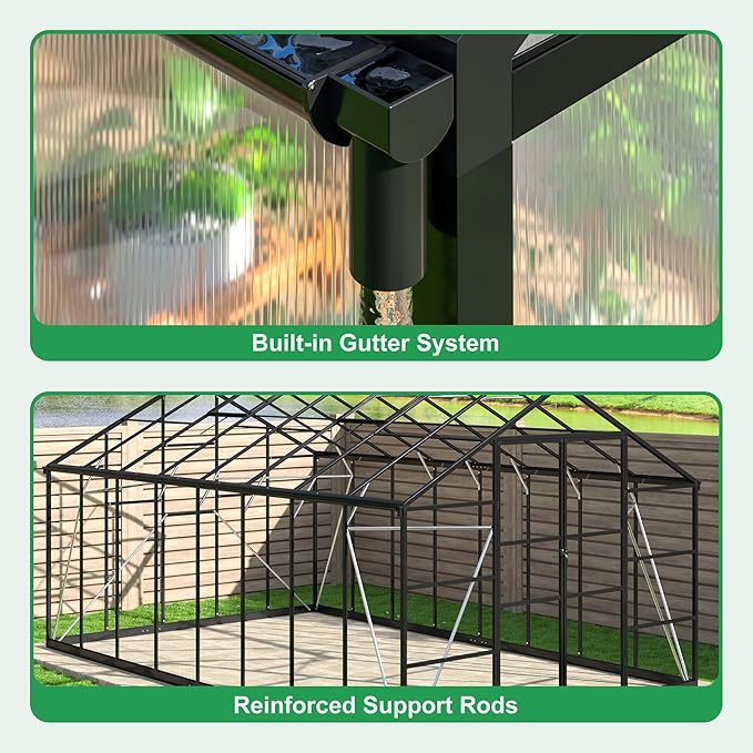 WKM 10x16 FT Greenhouse for Outdoors, Polycarbonate Greenhouse with Roof Vent and Quick Setup Structure, Enhanced Aluminum Green House for Garden Backyard, Black