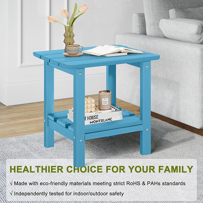 Set of 2 Outdoor Side Table, 2-Tier Small Patio End Table, Weather Resistant HDPE Adirondack Outdoor End Tables for Garden, Lawn, Pool, Beach, Porch, Deck, Backyard - Square, Blue