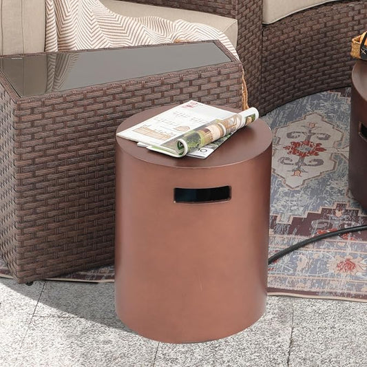 SUNSIT Propane Tank Cover Table, 20 lb Tank Holder, Concrete Storage Box with Handles, Round Hideaway Table for Gas Fire Pit, Bronze