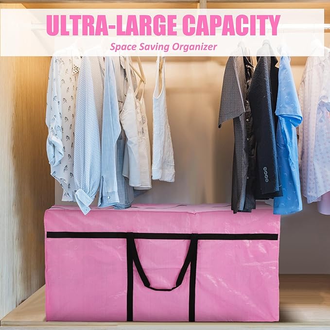 Windyun 4 Pack Extra Large Storage Bags XXL Moving Bag with Zipper Strong Handle Heavy Duty Jumbo Big Totes Moving Box Foldable Duffle for College Dorm Travel Clothes Space(75 Gallon,Pink)