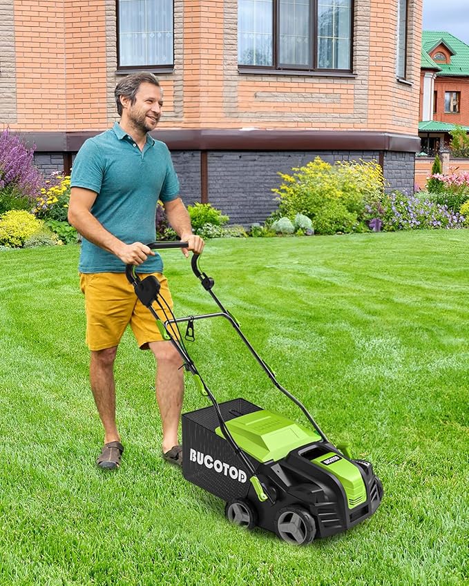 2-in-1 Dethatcher & 16-Inch Scarifier Electric Corded, 15 Amp Copper Motor, Electric Lawn Dethatcher with 5-Position Depth Adjustment, 14.5 gal Thatch Bag,Walk Behind for Yard Lawn Garden Care