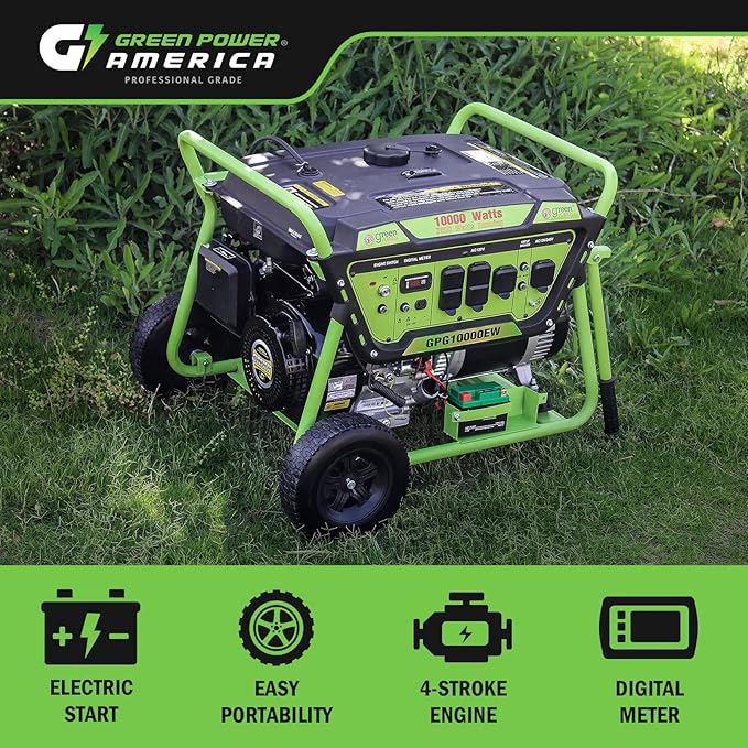 Green-Power America Gasoline Powered Portable Generator 10000 Watt, Recoil/Electric Start, 12V-8.3A Charging Outlets, Home Back Up & RV Ready, 49 State Approved（Excluding California）