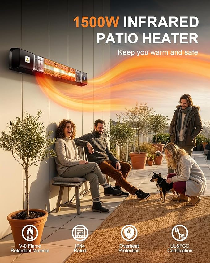 MEPTY Electric Patio Heaters for Outdoor Use, Infrared Outdoor Heater with Remote, Waterproof, Timer, 3 Heating Level, Quiet, Overheat Protection, Wall Heater for Backyard, Porch, Garage