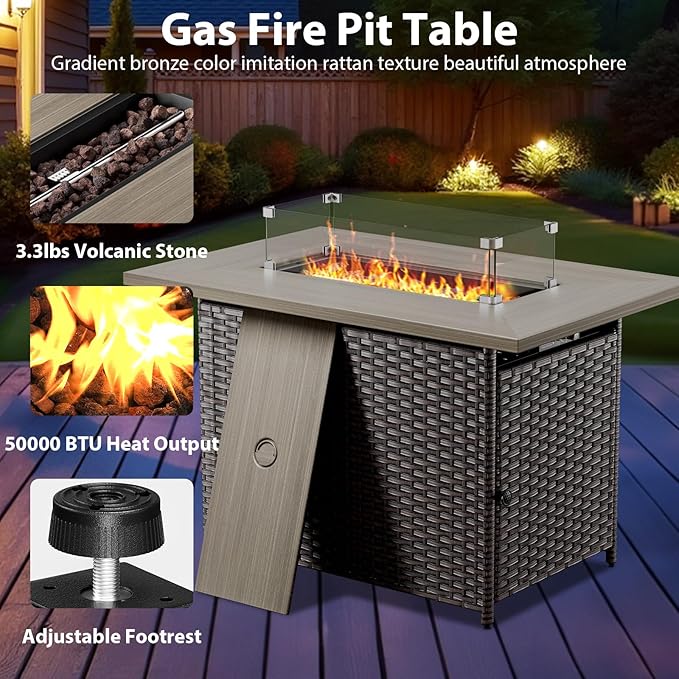 7 Piece Wicker Patio Furniture with Fire Pit Table - Outdoor Conversation Set with 50,000 BTU Fire Pit, All Weather Rattan Patio Set for Deck Backyard Garden - Brown Wicker Grey Cushion