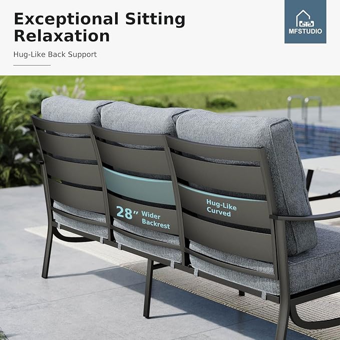 MFSTUDIO 6 Pieces Metal Patio Furniture Sets, 2 Swivel Chair, 1 Deep Seating 3-Seat Sofa, 2 Ottoman & 1 Marbling Coffee Table, All Weather 7 Seats Outdoor Conversation Set for Garden Backyard, Grey