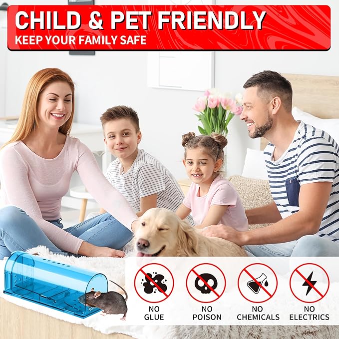 LULUCATCH Humane Mouse Traps 2 Pack, Live Mouse Traps, Catch Release Mouse Traps Indoor for Home, No Kill Mole Squirrel Rat Traps for House & Outdoors, Pet Safe, Blue