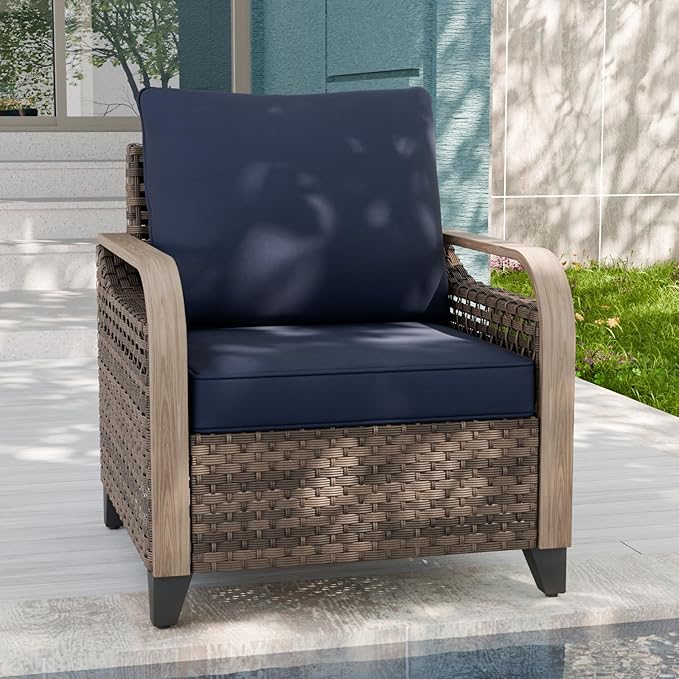 EAGLE PEAK Modern Wicker Outdoor Chair, Patio Chair Curved Armrest, Rattan Patio Furniture for Yard Deck Porch Garden, 1 Chair, Brown/Blue