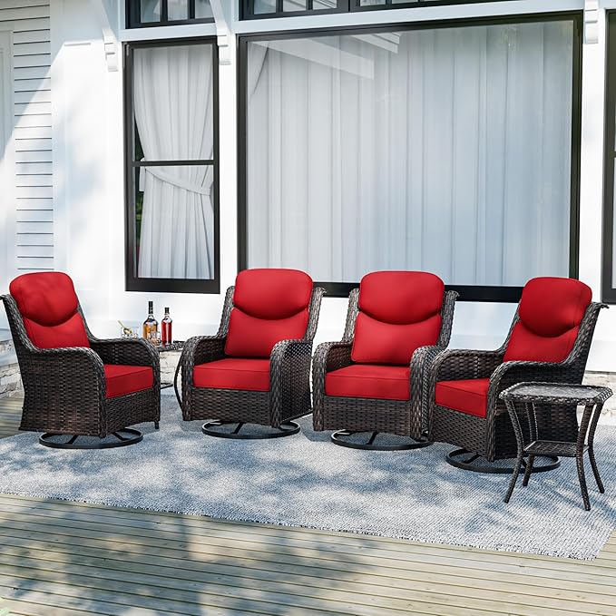 Patio Swivel Chairs Set of 4 and Side Table, Outdoor Swivel Rocker Patio Chairs with High Back and Thick Cushions, Wicker Patio Furniture Set for Porch, Deck Use (Red, 6 PCS)