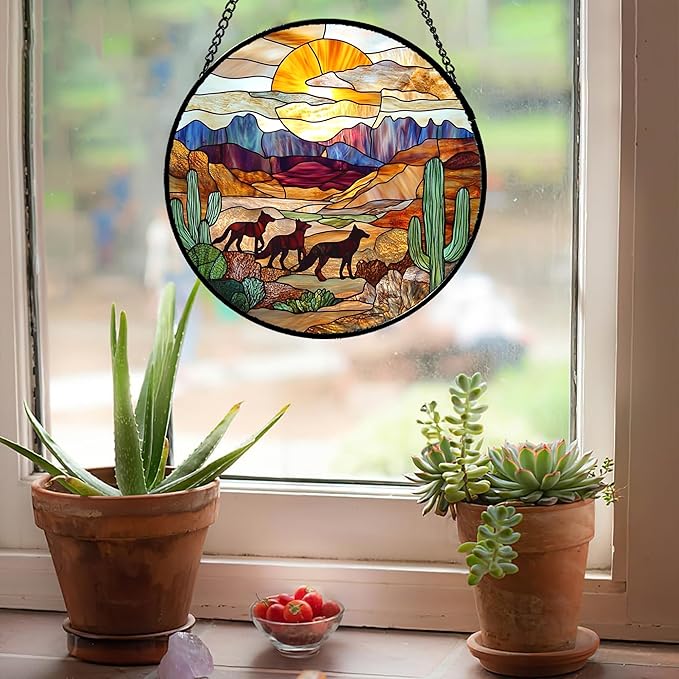 HKDGOKA Stained Glass Window Hanging Sunset Desert Landscape Wolf Large 11.8" - Suncatcher Door Garden Sunroom Sun Catcher Home Decor Birthday Christmas for Mom Men Woman Nana