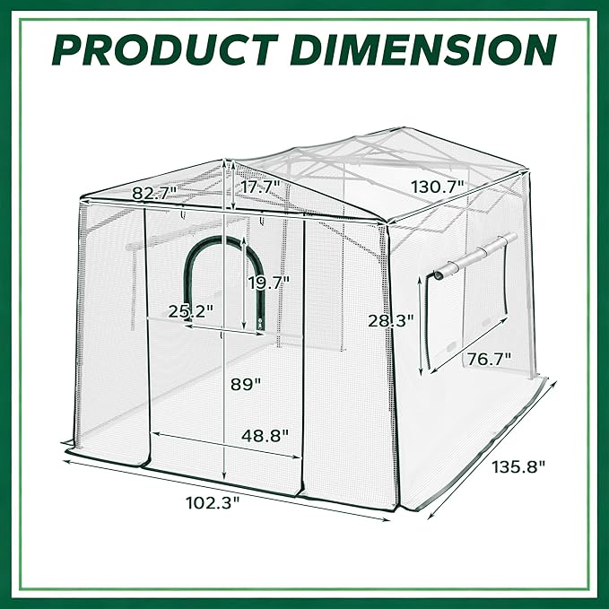 11.5x8.5x7.4 ft Walk-in Greenhouse, Portable Plant Hot House with Zipper Windows & Doors, PE Cover & Steel Frame, for Garden, Backyard