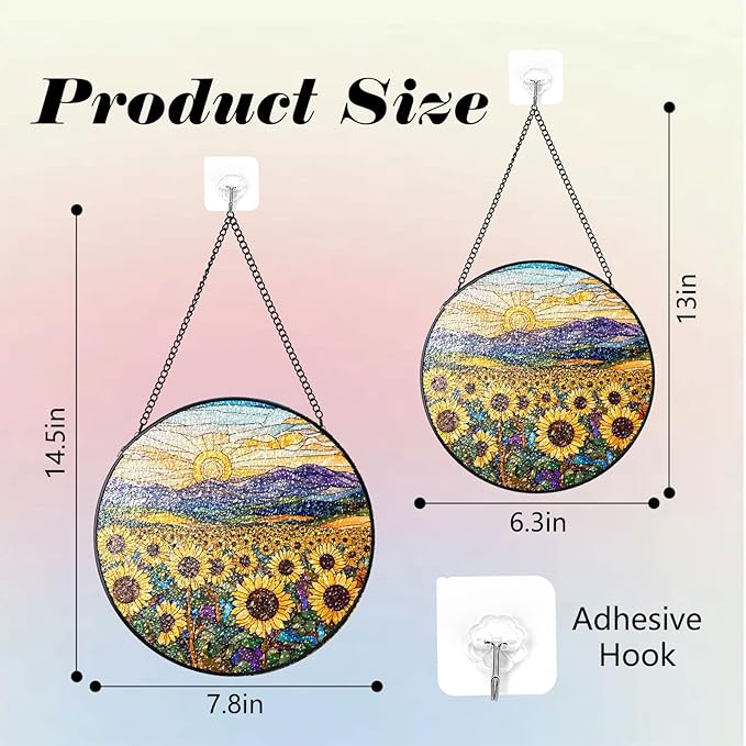 Stained Glass Window Hanging, Sunflowers Mountain Sun Stained Glass Suncatchers Indoor Windows Glass Panel Garden Hanging Decor Birthday for Women 6.3 in
