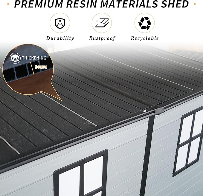 4x8FT Resin Outdoor Storage Shed with Floor and 2 Windows,Waterproof Plastic Sheds with Lockable Doors,Outside Garden Tools Sheds for Backyard Patio,Gay+Black