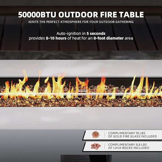 UPHA 42-inch Outdoor Propane Gas Fire Pit Table 50000 BTU Iron Rectangle Firepit for Outside Patio with Tank Hidden Table, Removable Lid, Gold Glass Rocks, Rain Cover,White