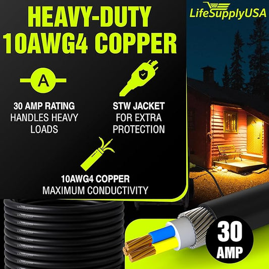 50ft Generator Extension Cord 30 AMP 4-Prong (L14-30P / L14-30R) - 10AWG4 125/250V STW - Hook and Loop Strap UL Approved by LifeSupplyUSA