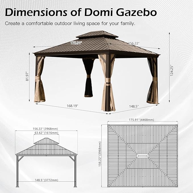 Domi 13x15FT Outdoor Gazebo, Hardtop Gazebo with Galvanized Steel Double Roof, Metal Gazebos with Drainage System Patio Pergola for Patio Deck Backyard,Curtain and Netting,Brown