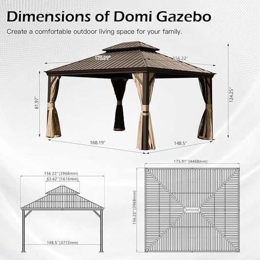 Domi 13x15FT Outdoor Gazebo, Hardtop Gazebo with Galvanized Steel Double Roof, Metal Gazebos with Drainage System Patio Pergola for Patio Deck Backyard,Curtain and Netting,Brown